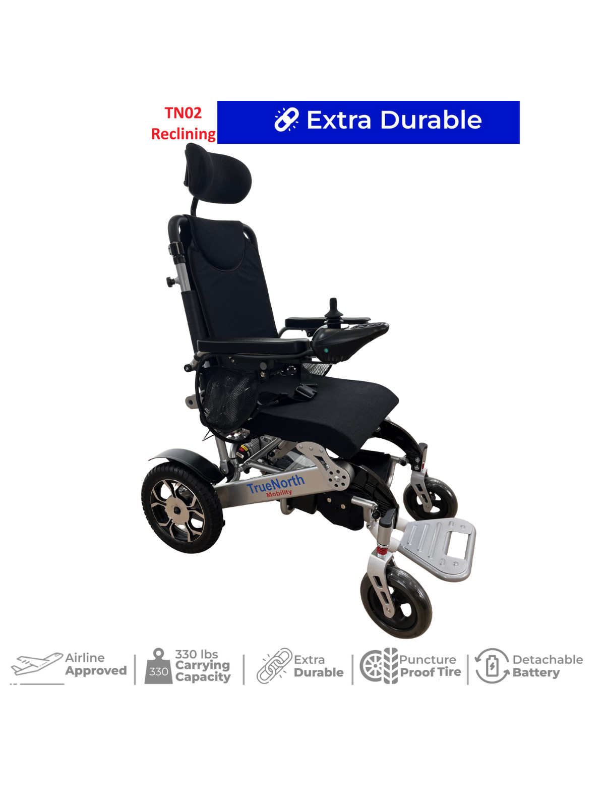 TrueNorth TN02- Reclining Electric Wheelchair with Adjustable Headrest: Foldable, Long Range, All Terrain & Heavy-Duty | Dual Motor Power Airline Approved Wheelchair