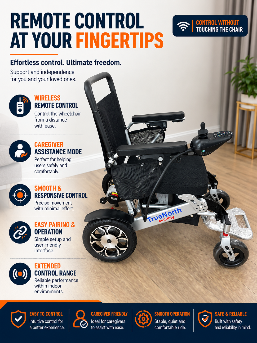 TrueNorth TN04 Foldable Electric Wheelchair – 18” Wide Seat, Dual 250W Motors, 12Ah Airline-Approved Battery, Bluetooth Remote, Long Range