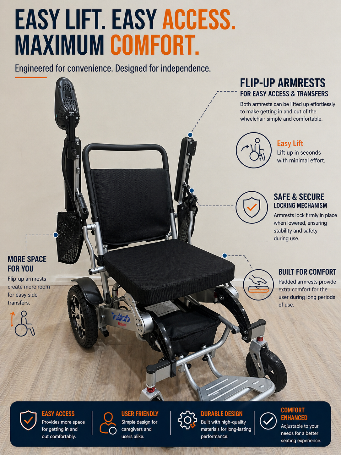 TrueNorth TN04 Foldable Electric Wheelchair – 18” Wide Seat, Dual 250W Motors, 12Ah Airline-Approved Battery, Bluetooth Remote, Long Range