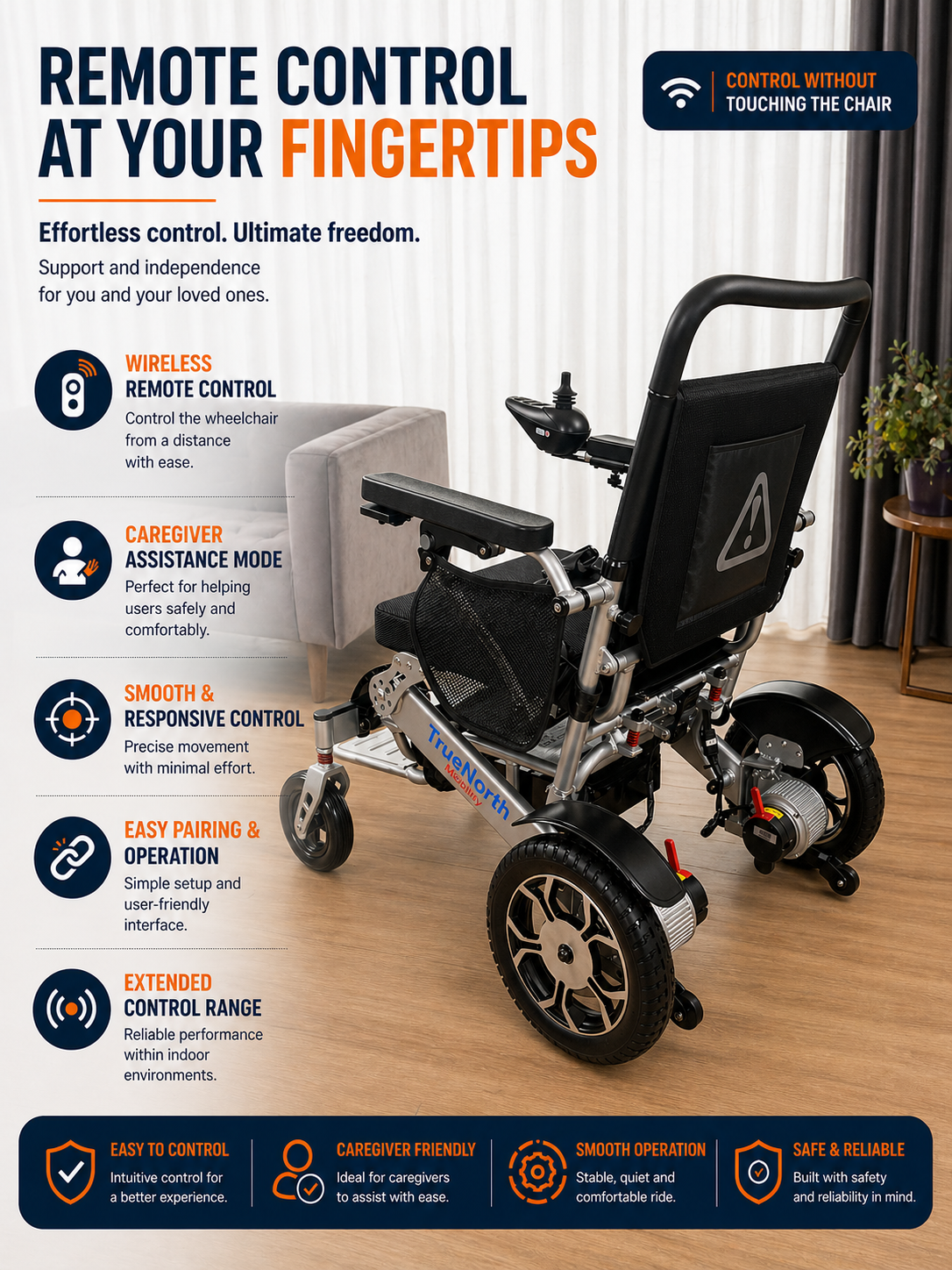 TrueNorth TN05 Foldable Electric Wheelchair – Extra-Wide 51 cm (20”) Seat, Lightweight Power Chair, Dual Motor (2x250W, Total 500W), 15km Range, Airline Approved